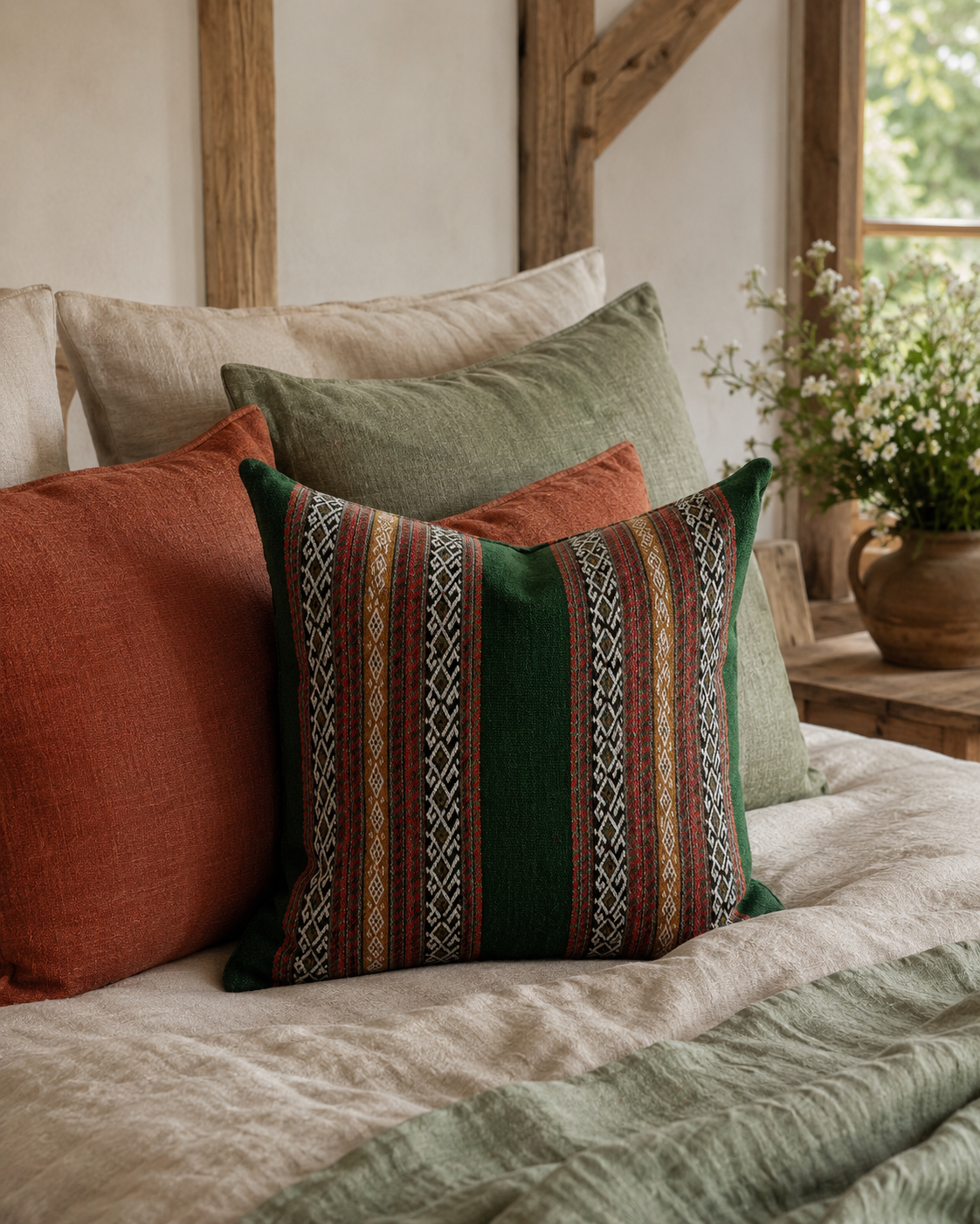 Lakeside cushion styled on bed