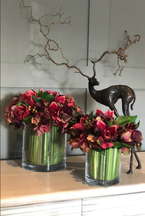 Rose, Orchid and Hydrangea in a Stem Lined Cylinder (Red)