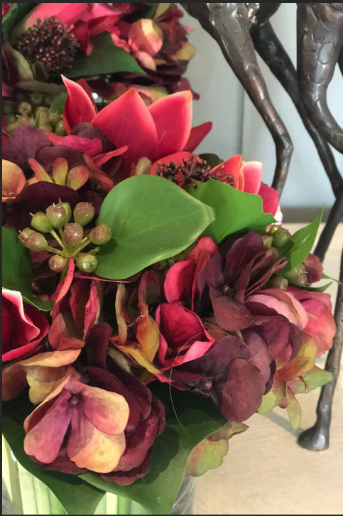 Rose, Orchid and Hydrangea in a Stem Lined Cylinder (Red)