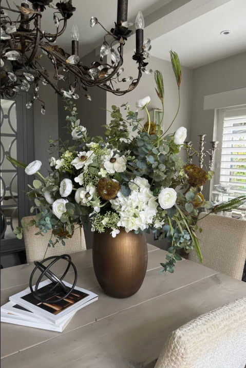 Faux Eucalyptus, Ranunculus and Anemone in a Gold Glass Vase