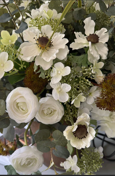 Faux Eucalyptus, Ranunculus and Anemone in a Gold Glass Vase