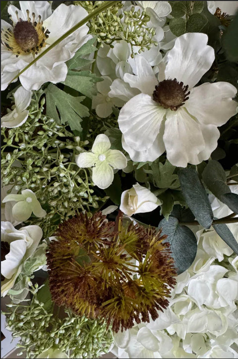 Faux Eucalyptus, Ranunculus and Anemone in a Gold Glass Vase