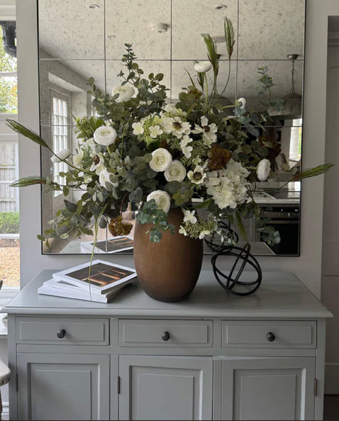 Faux Eucalyptus, Ranunculus and Anemone in a Gold Glass Vase